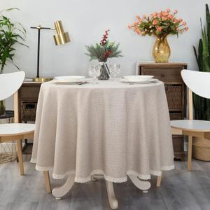 Textured Tablecloth Linen-Look Rustic Burlap Stlye Washable Solid Heavy Weight Lace Trim Fabric Table Cloth,Table Cover for Kitchen Dinning Tabletop Decoration70 in Round Beige