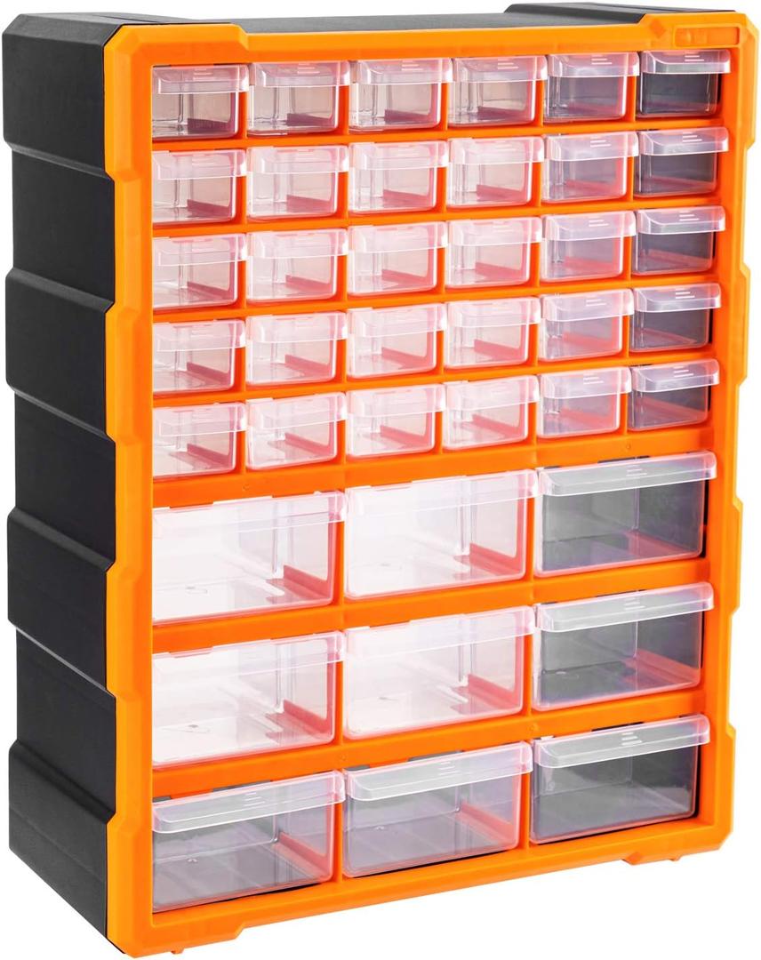 Amazon Basics Wall Mount Hardware and Craft Storage Cabinet Organizer with 39 Drawers, Plastic Garage Organization System with Dividers for Small Parts, Black, Orange, 15" x 6.3" x 18.6"