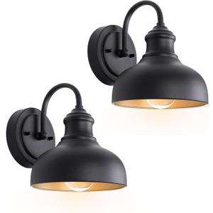 7in Black Gooseneck Lights for Farmhouse, 2 Pack Outdoor Barn Light Fixture, Exterior Porch Door Wall Mount Lighting with Gold Interior, Small Wall Sconce for Balcony, Garage, House