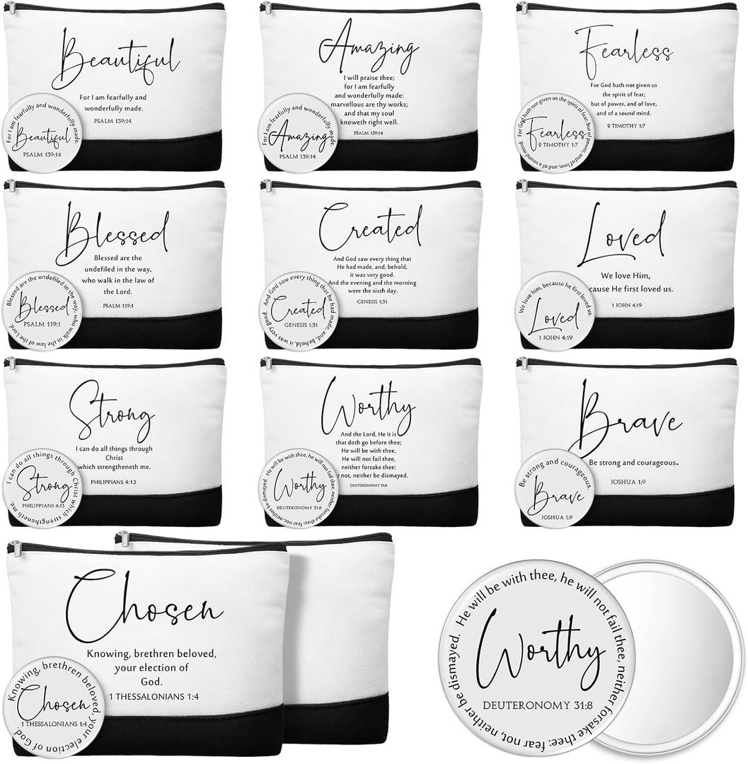 Kacctyen 20 Pcs Christian Gifts for Women Bulk Mother's Day Church Gifts 10 Inspirational Canvas Bible Verse Makeup Bag 10 Religious Compact Mirrors for Mother Pastor Appreciation Gift(Bible Verse)