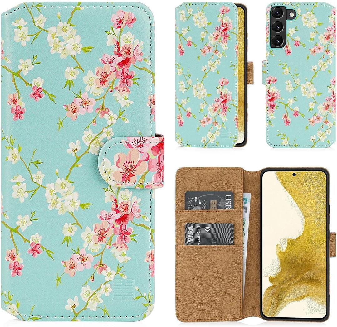 32nd Floral Series 2.0 - Design PU Leather Book Wallet Case Cover for Samsung Galaxy S22, Designer Flower Pattern Wallet Style Flip Case with Card Slots - Spring Blue