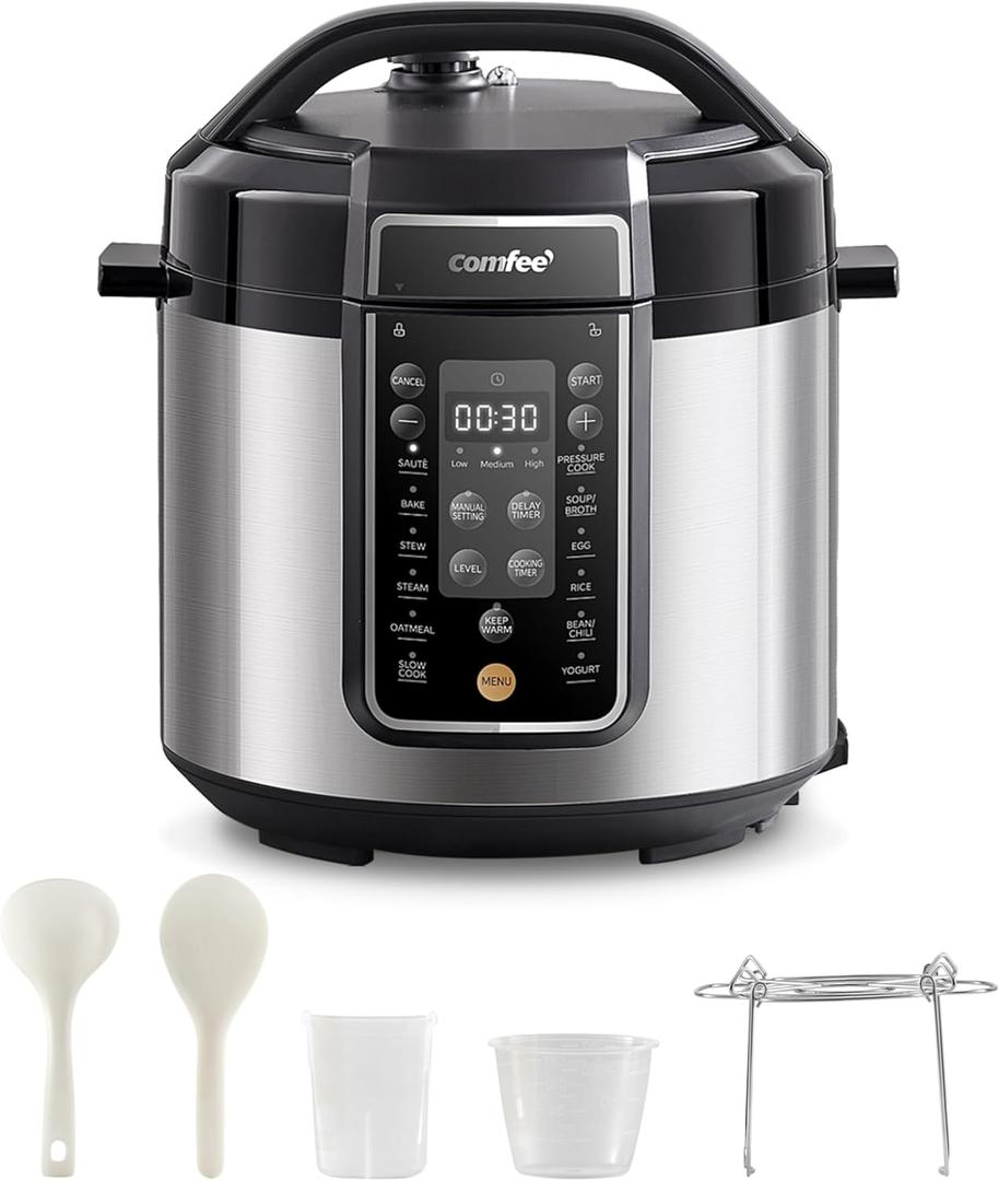 COMFEE Pressure Cooker 6 Quart with 13 Cooking Functions, Olla de Presion Non-Stick Pot Yogurt Maker Rice Cooker Slow Cooker Saut Steamer, Healthy Ceramic Inner Pot (Black)