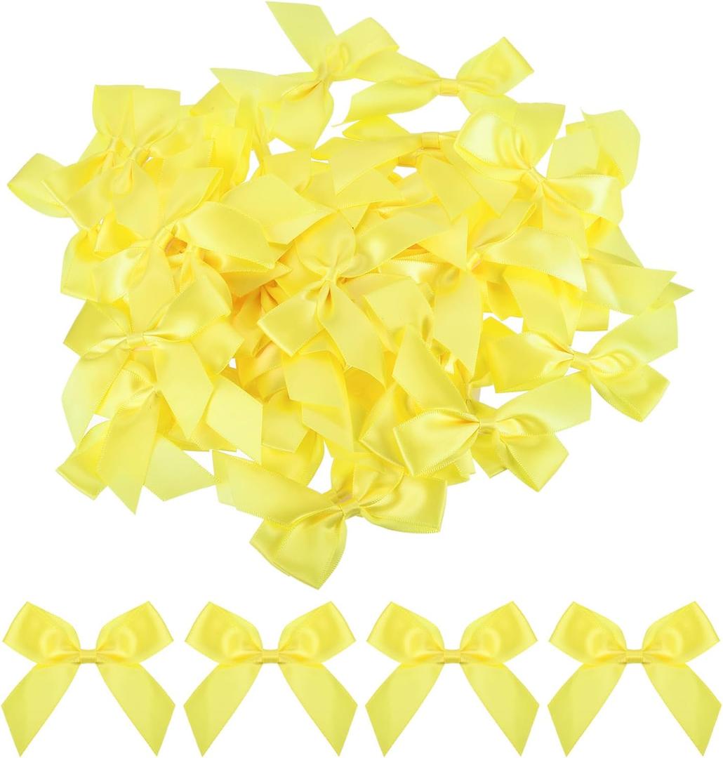 MECCANIXITY 50Pcs Mini Ribbon Bow 2.5" Mini Fabric Satin Ribbon Flower Bows for Craft DIY Sewing Wedding Birthday Party Yellow