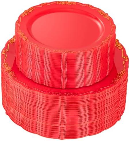 U-QE 100PCS Red Plastic Plates - Heavy Duty Red Disposable Plates Disposable with Gold Rim - Include 50PCS 9inch Red Dinner Plates and 50PCS 6inch Dessert/Salad Plates for Party