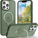 Magnetic for iPhone 13 Pro Max Case with Ring Stand, [10 FT Drop Protection] [Velvety Touch] Slim Translucent Matte Back Shockproof Phone Case for iPhone 13 Pro Max 6.7'', Midnight Green