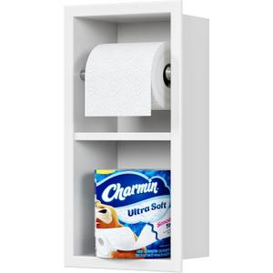 Qeke Recessed Toilet Paper Holder, 304 Stainless Steel Bathroom Toilet Paper Holder with Storage, in Wall Tissue Toilet Roll Holder, Matte White