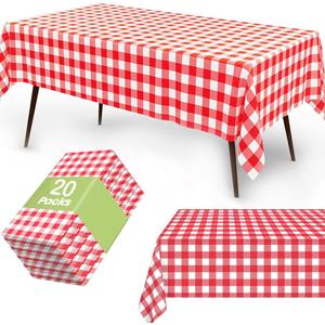 20 Pack Rectangular Tablecloth, Red and White Checkered Pattern, 55 x 103 inches, Disposable Plastic Table Covers for Parties, Outdoor, Restrant and Home (20 Pack)