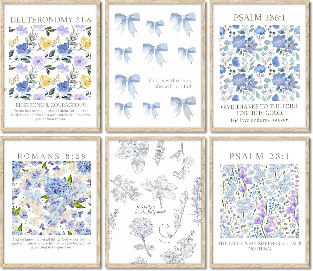 6Pcs Christian Floral Poster Wall Art Inspirational Bible Verses Flower Market Psalm Quotes Painting Picture Wall Decor Blue Bow Aesthetic Canvas Print Artwork for Bedroom Church Home Decoration