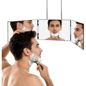 LMZNXCZ 3 Way Mirror for Self Hair Cutting,360 Haircuts Men for Barber Use Tools,to See Back of Head,Tri Fold Mirror with Portable Height Adjustable Telescoping Hooks (6.7" x 10.8")