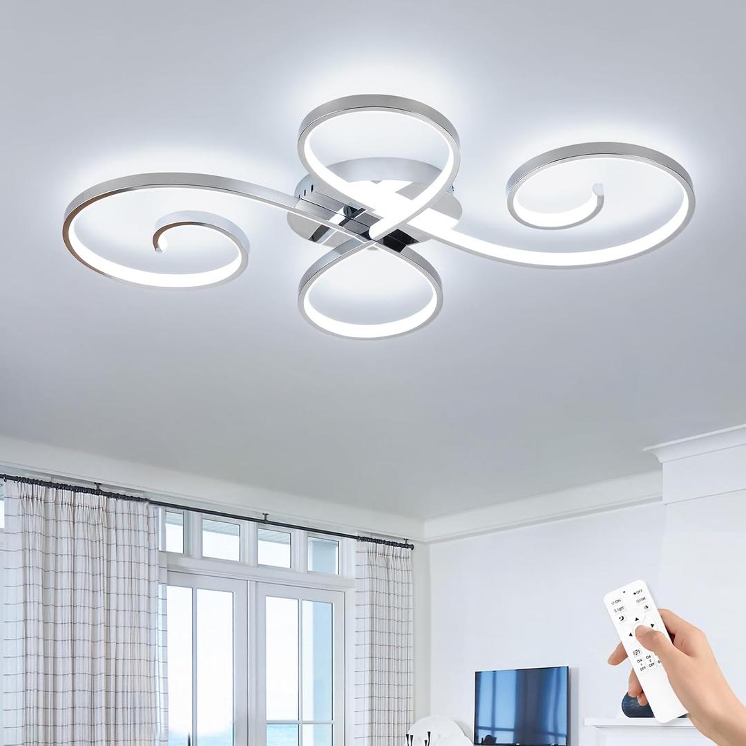62W Modern LED Ceiling Light,Dimmable Ceiling Lamp Flower Flush Mount Light Fixture with Remote Control for Living Room, Bedroom, Dining Room, Kitchen (Chrome), 31.89Inch