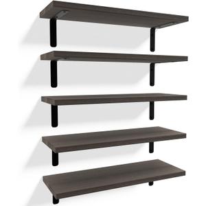 RICHER HOUSE Floating Shelves for Wall Dcor, Rustic Wood Wall Mounted Shelves for Bedroom Set of 5, Farmhouse Shelf for Bathroom, Hanging Shelves for Storage - Deep Brown