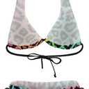 Women's Leopard Print Swimsuit Halter Padded Top Tie Side Bottom Triangle Bikini Sets (M)