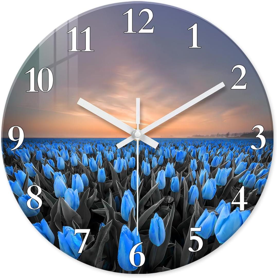 XFM Round Wall Clock 16 Inch Silent Wall Clocks Battery Operated Blue Tulip Flowers Glass Clock Decorative for Kitchen Living Room Bedroom Office