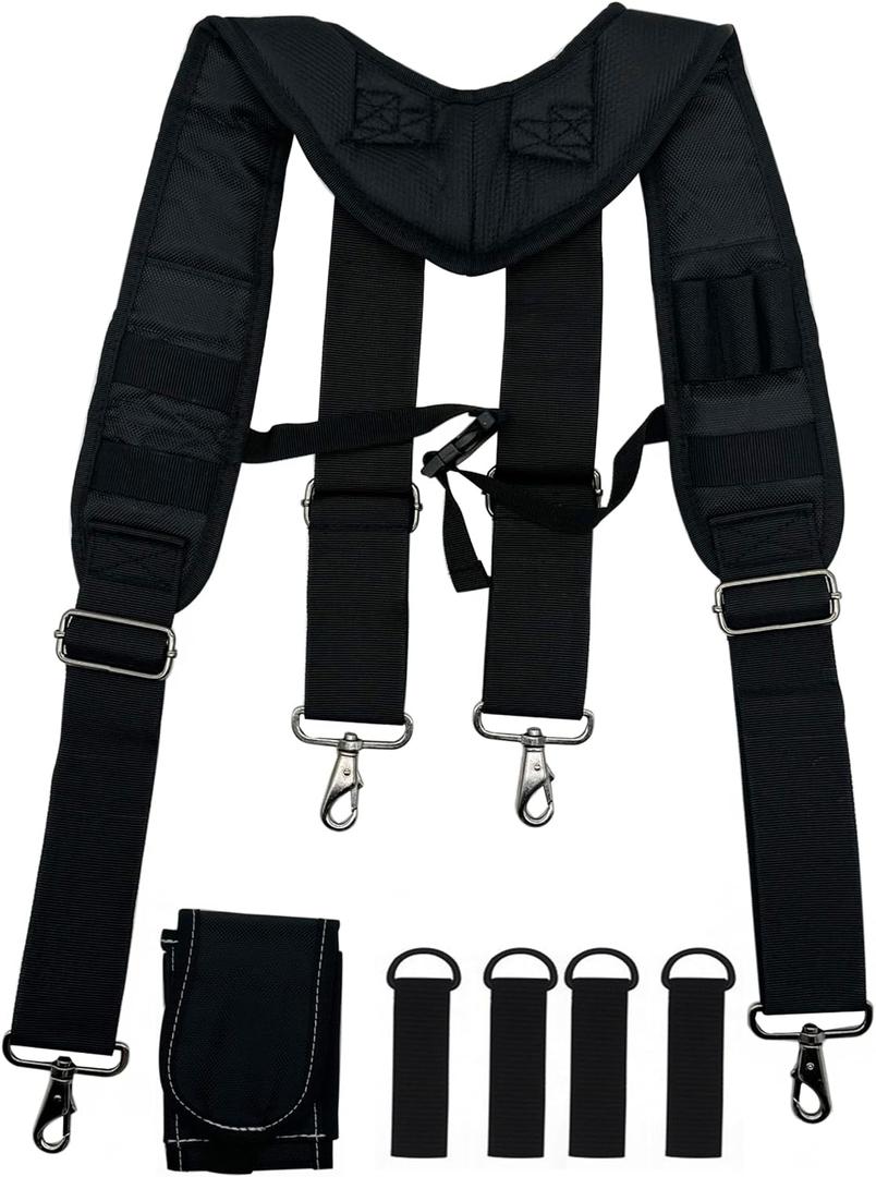Tool Belt Suspender for Men 4 Point Padded with Attachment Loops, WristBand Pouch Pocket for Construction Worker (Black)