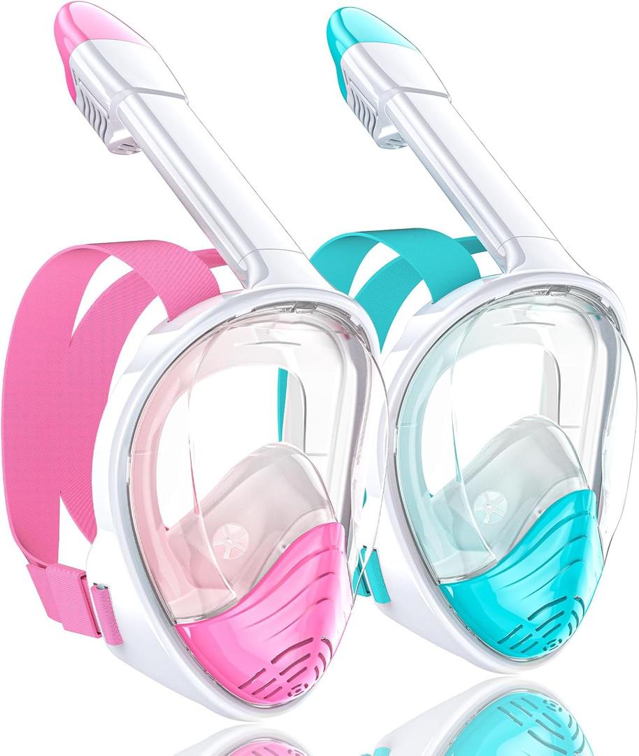 QingSong Full Face Snorkel Mask for Adults, Snorkeling Gear with Camera Mount, 180 Degree Panoramic View Snorkel Set Anti-Fog Anti-Leak (Large-X-Large, 2 Pack - White Blue+White Pink)