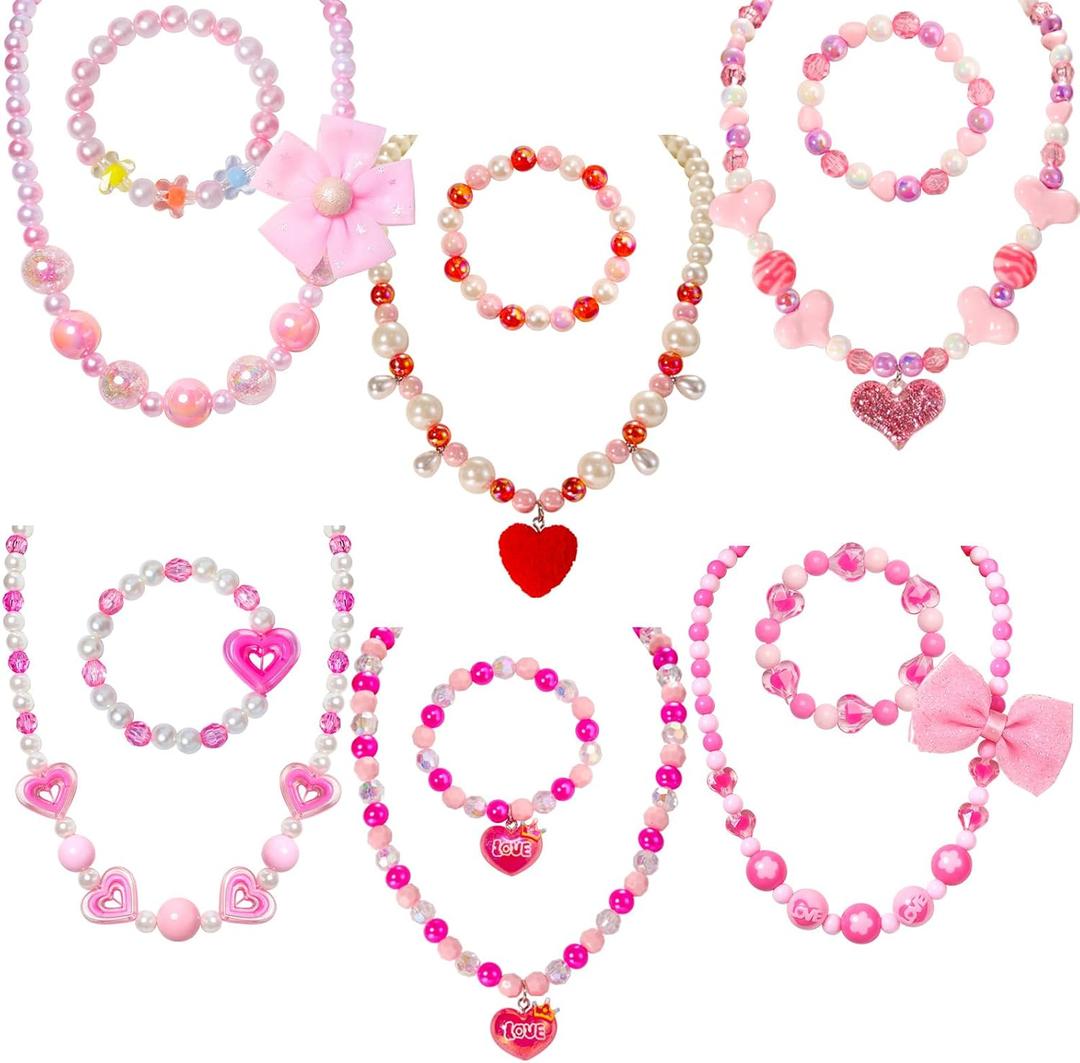 PinkSheep Kids Jewelry, 6 Sets Toddler Beaded Necklaces and Bracelets Jewelry for Girls, Favors Princess Necklace for Little Girls (Heart)