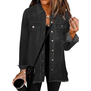 Bosmeer Women's Oversized Jean Jacket Casual Long Sleeve Denim Shirts Distressed Frayed Hem Denim Shacket (Gray, S)