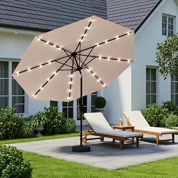 9' Solar LED Patio Umbrella with Tilt & Crank|8 Sturdy Ribs,UV Protection,Outdoor Market Table Umbrella for Deck, Lawn, Pool, Backyard (Beige) 
