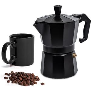 Mixpresso Black 3 Cup Moka Pot Cuban Coffee Maker, Moka Pot for Gas, Electric Stove Top, Classic Italian Coffee Maker, Stovetop Espresso Maker, Camping Pot Makes 3 Espresso Cup 5 Oz - Mug 4.4 Oz