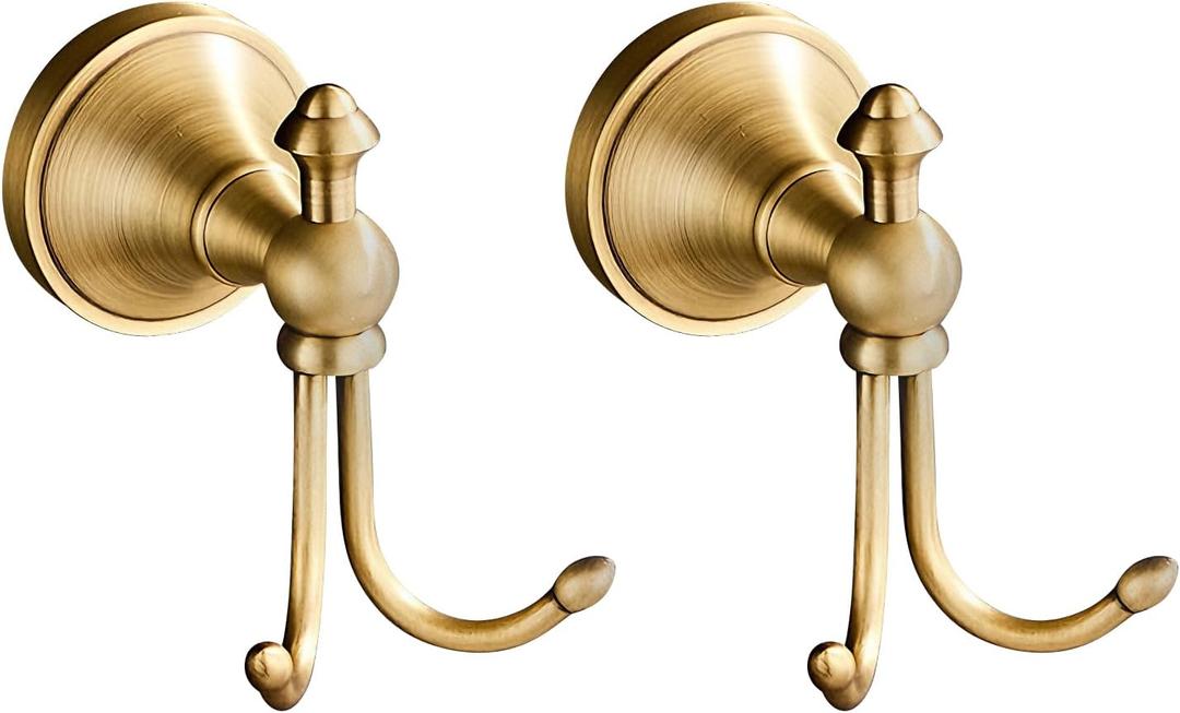 2 Pack Vintage Brass Wall Hooks, Bathroom Accessories, Antique Brass Horn Shape Curved Towel Hooks, Double Brass Towel Hook for Bathroom & Bedroom