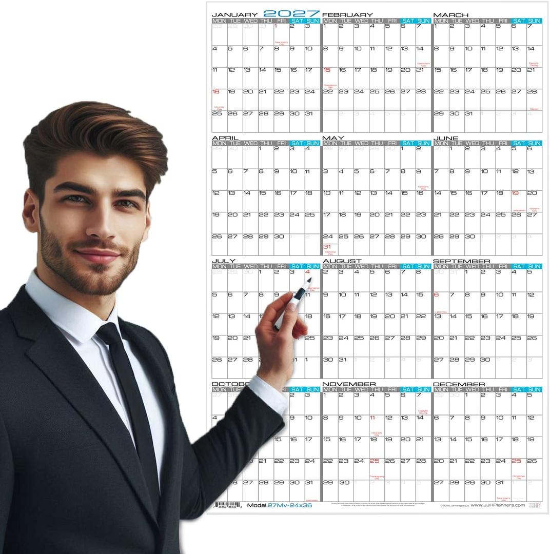 2027 Laminated - 24" x 36" Large Monday Start Week Wall Calendar - Vertical 12 Month Yearly Annual