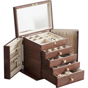CHOSIN Black Walnut Wooden Jewelry Box for Women with Mirror, 5 Drawers and 2 Side Doors for Watches, Necklaces, Rings, Earrings Storage Valentine's Day Gift