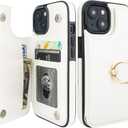 ONETOP for iPhone 15 Wallet Case with Card Holder, 360 Rotation Ring Kickstand RFID Blocking PU Leather Double Magnetic Clasp Shockproof Cover for Women and Girls 6.1 Inch (White)