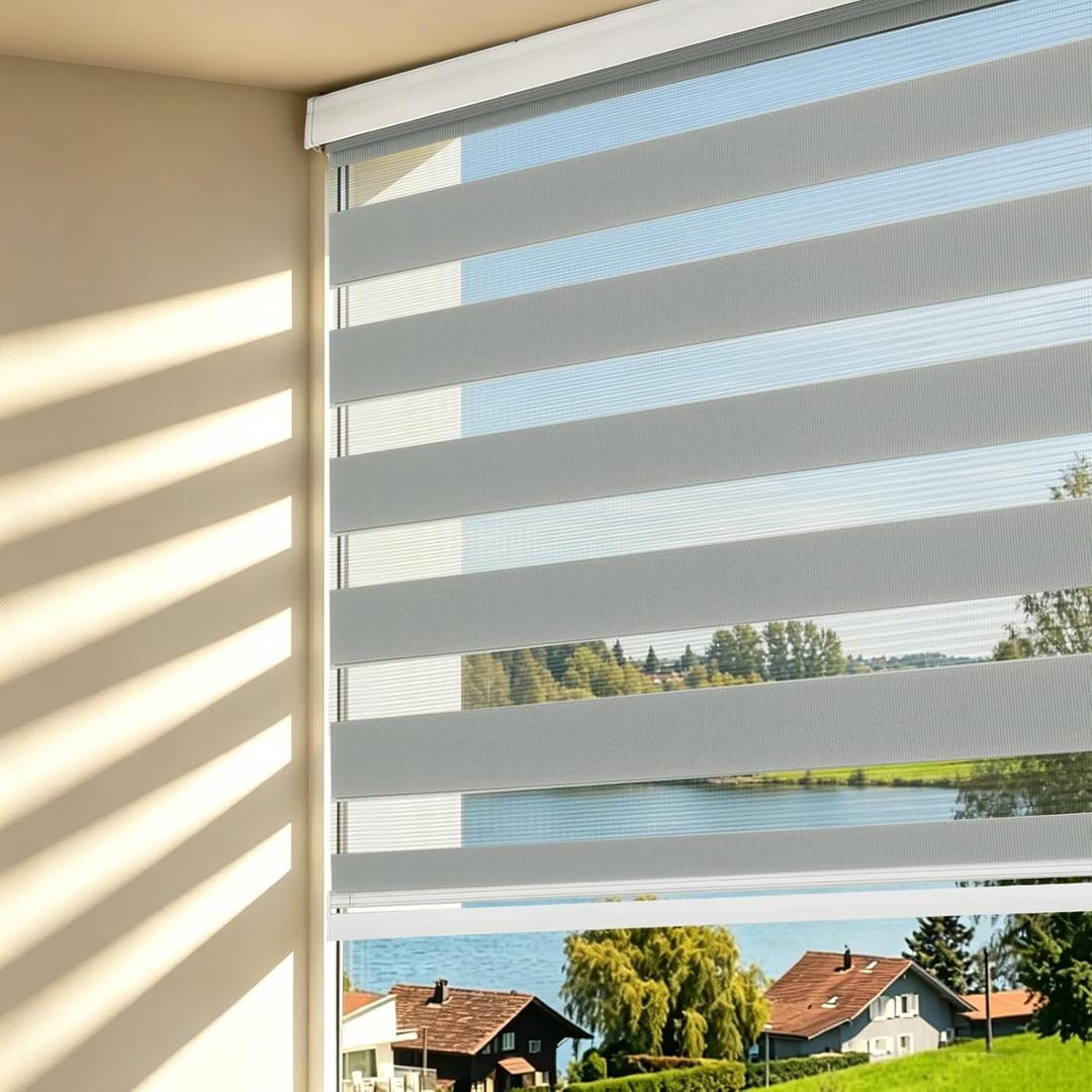 Changshade Cordless Zebra Blinds for Windows, Light Filtering Dual Layer Zebra Shades, Free-Stop Roller Blinds, Privacy Day Night Light Control for Bedroom Living Room Office, Gray, 36" W x 48" H