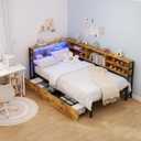 Twin Size Daybed with Drawers, Corner Bed Frame with Storage Bookcase, Twin Daybed Bed Frame with Charging Station and LED Light, Wood & Metal Bed Frames for Teens, Adults (Brown, Twin)