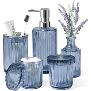 Blue Bathroom Accessories 5 Pcs, Glass Bathroom Accessory Set, Vintage Blue Bathroom Set, Royal Soap Dispenser and Toothbrush Holder Set, Qtip Holder, Small Flower Vase, Modern Bathroom Decor