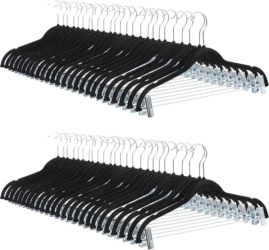 Amazon Basics Velvet, Non-Slip Skirt Clothes Hangers with Clips, Organize Pants and Skirts, Black/Silver, Pack of 50