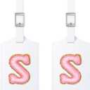 2 x Sodsay 2 PCS Initial Luggage Tag, Luggage Tags for Suitcases Cute Embroidered Letter PU Leather Travel Bag Baggage Tags Privacy Cover ID Label for Women Kids Teens Men(S, White Leather+Pink Letter)