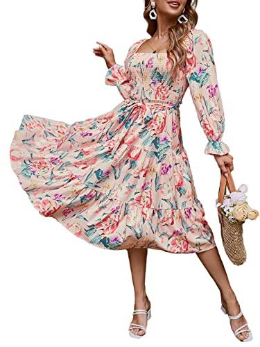 Amegoya Women's Square Neck Long Sleeve Pink Floral Midi Dress Ruffle Tiered Boho Flowy Smocked Maternity Dress(Flower Purple XL)
