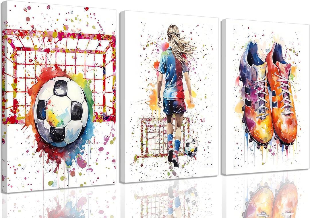 3Pcs Girl Graffiti Soccer Canvas Wall Art Colorful Sneakers Posters Prints Wall Decor Pictures Sports Theme Football Paintings for Bedroom Girls Room Teen Kids Playroom Artwork Home Decoration (16x24in)