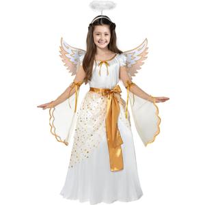 Spooktacular Creations Halloween Angel Costume for Girls, Golden White Angel Dress for Kids for Halloween Role Play Themed Party (Medium, 8-10 yrs)