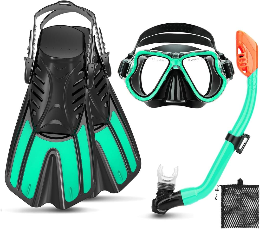 Snorkeling Gear for Kids Ages 3-14, 4 in 1 Mask Fins Snorkel Set with Panoramic View Anti Fog Mask, Dry Top Snorkel, Trek Fins and Travel Bag, Kids Snorkel Set for Snorkeling Swimming (Turquoise)