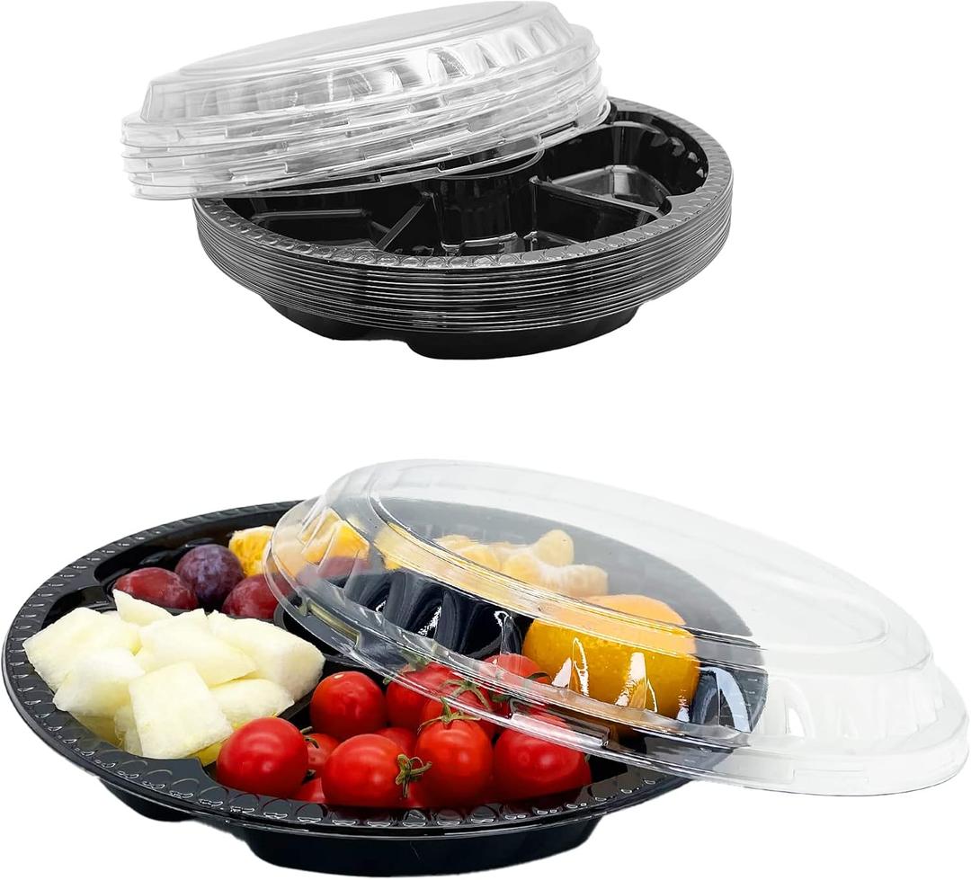 12PCS Disposable Fruit Trays, Round Plastic Appetizer Serving Tray with Lid 6 Compartment Party Platters Divided Food Dip Containers for Snack Vegetable Salad Veggie Fruit Organizer-Black