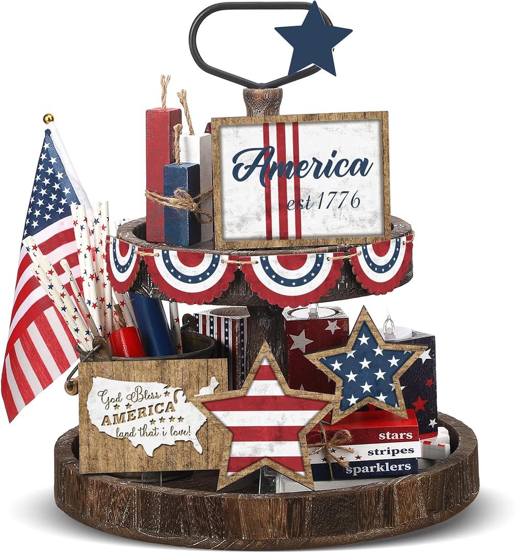 FairySandy 13 Pcs Memorial Day Decorations American 4th of July Patriotic Tiered Tray Decor Rustic 250th Anniversary Farmhouse Table Wooden Sign USA Flag Star Red White Blue for Independence Day Party