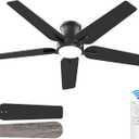 52 Inch Black Ceiling Fans with Lights and Remote, Flush Mount Low Profile Ceiling Fan for Bedroom, Living Room, Patio, Dimmable 6 Speeds Noiseless Reversible, ETL Listed