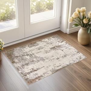 2x3 Entryway Area Rug: Washable Neutral Modern Abstract Small Rug - Non-Slip Low Pile Throw Indoor Carpet for Entrance Kitchen Front Door Mat Bathroom Entry Kids Room - Brown/Grey/Beige