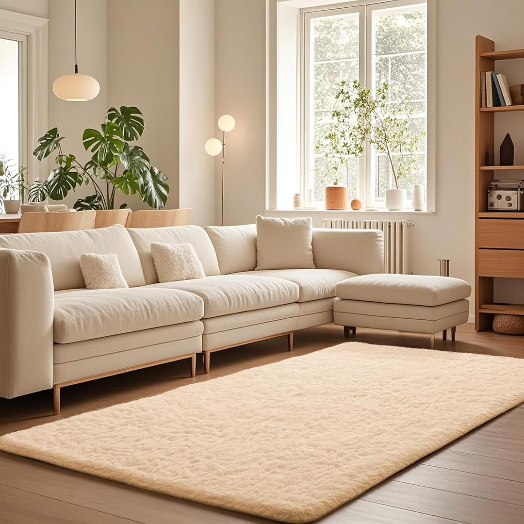 Ophanie Beige Rugs for Living Room Bedroom, 5x8 Fluffy Fuzzy Furry Carpet, Plush Soft Shaggy Bedside Indoor Floor Area Rug for Kids Girls Boys Baby Teen Dorm Nursery Home Decor Aesthetic (5 x 8 Feet, 3- Beige)