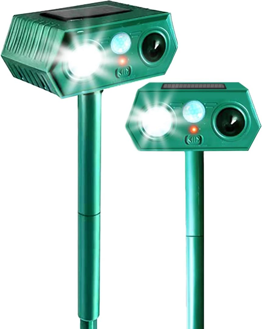 2pack, Ultrasonic Repeller Deer Deterrent, 2025 Upgrade Solar Powered Motion DetectionEmitting ultrasonic Sounds and Flashing LED Strobe Lights, Deter Cats, Squirrel, Dogs, Rabbits, Snake Away