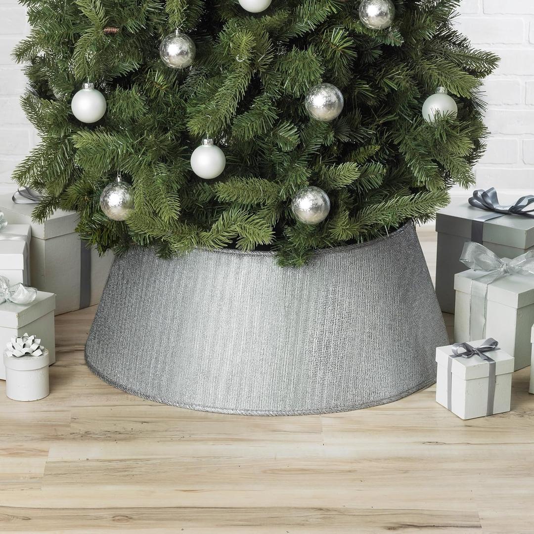 New Traditions Christmas Tree Collar  Silver Fabric with Ribbing  26" Diameter Fabric Stand Band for Artificial & Natural Trees  Tree Skirt Alternative, Collapsible