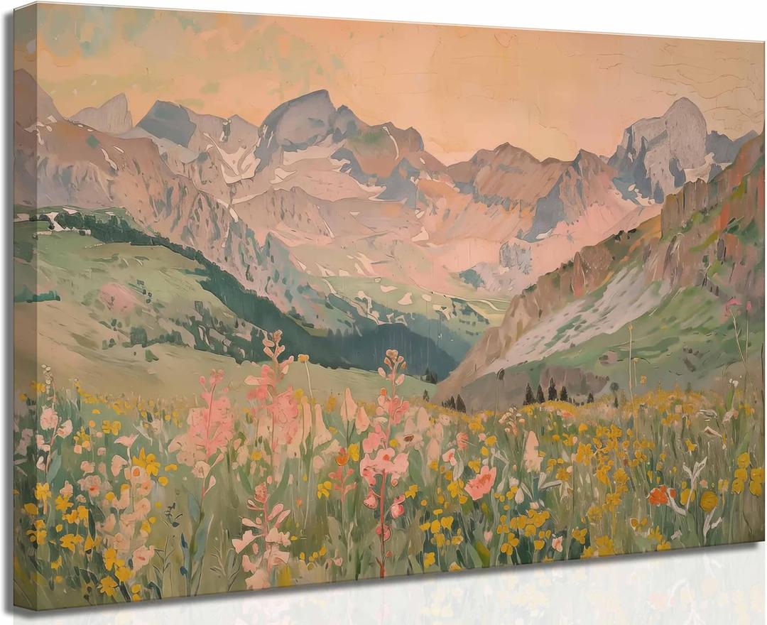 Vintage Mountains Canvas Wall Art Wildflowers Field Abstract landscape painting Picture Wall Decor Poster Print Artwork for Bedroom Living Room Home Decoration