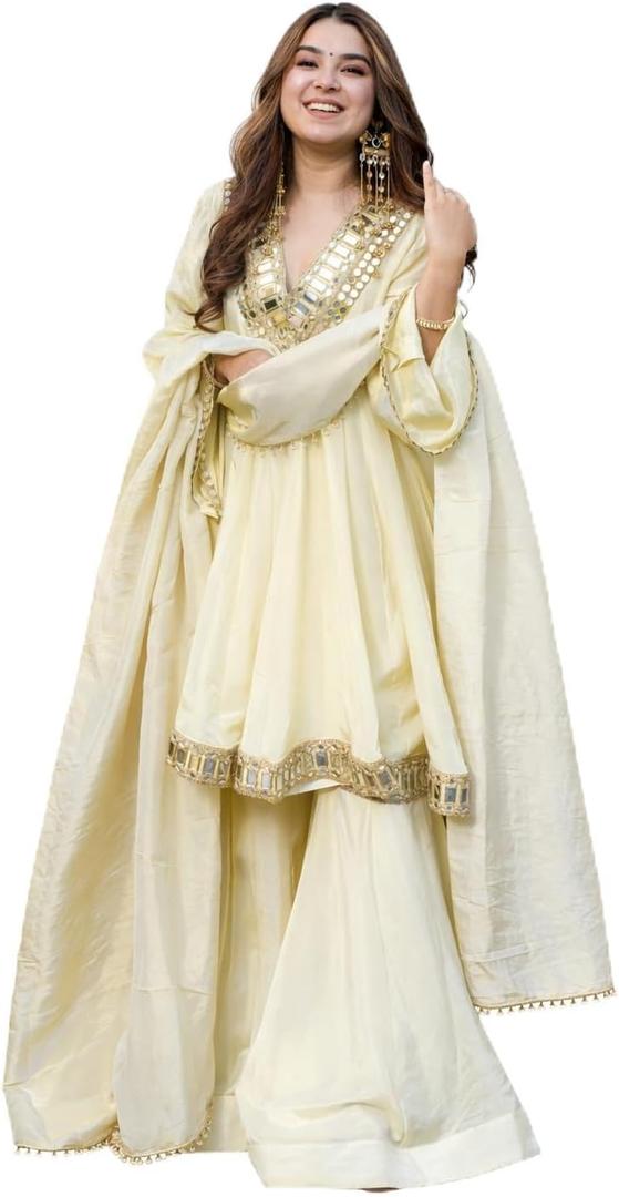 Women's Chinnon Silk Embroidery Salwar Suit Set Kurta Pant with Dupatta (Beige, L)
