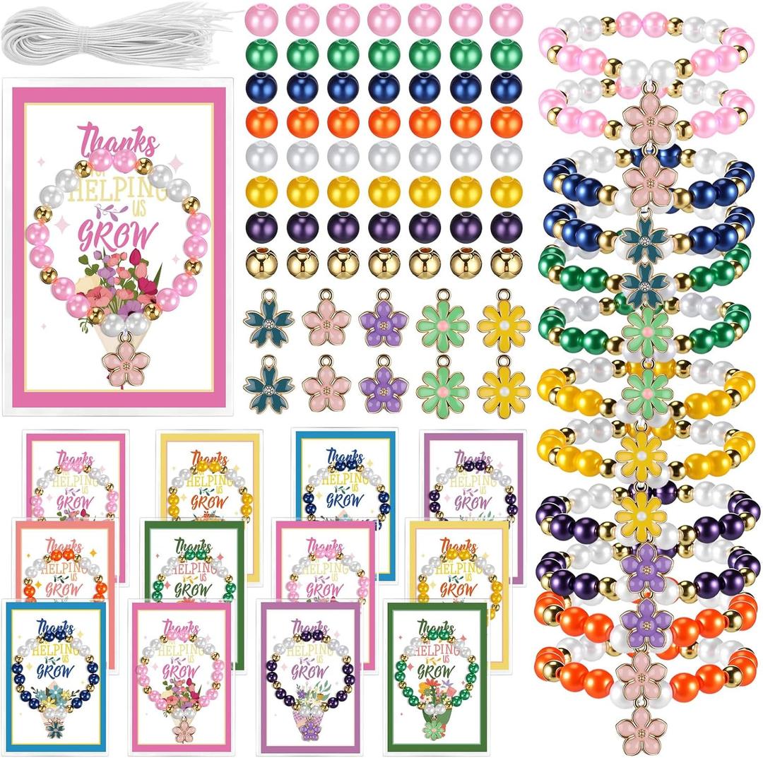 Liliaafar 24 Sets Teachers' Day Bracelets Gifts Kits Pony Beads Bracelet Making Kit Flower Beads Charm Stretch Strings with Thank You Card Teacher Appreciation Gifts for Jewelry Making DIY Craft