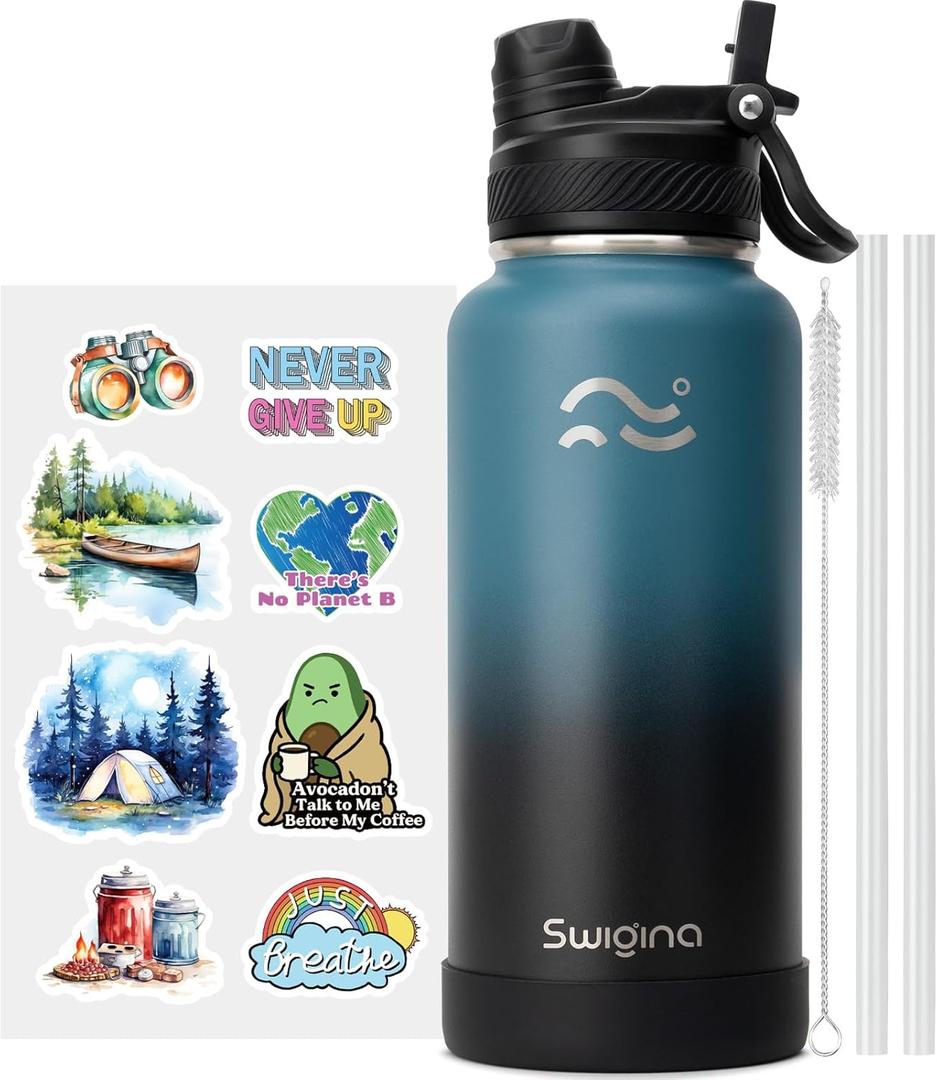 [2-IN-1 LID] Insulated Water Bottle with Silicone Boot (36hrs Cold/18hrs Hot) - DIY Stickers, Leakproof, BPA Free, 32 oz (Cyan Black)