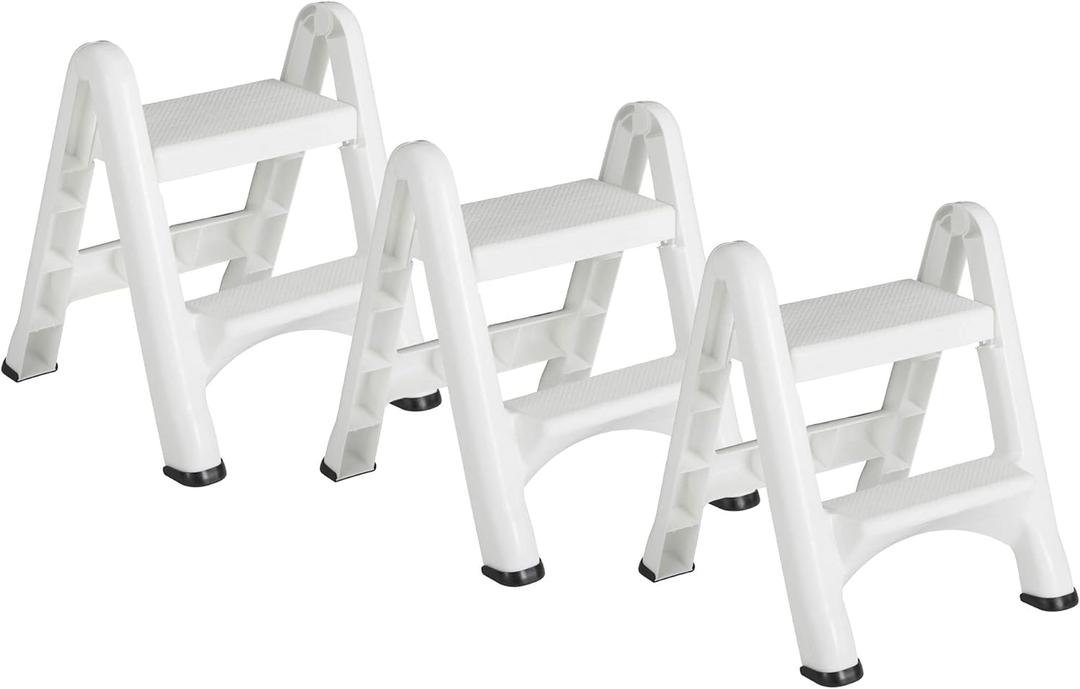 Rubbermaid FG420903WHT EZ Step 2 Step Folding Plastic Ladder Step Stool with Skid Resistant Foot Pads, White (2 Pack)