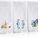 SmoothNovelty 3 Pcs Summer Beach Hand Towels for Bathroom Cotton Embroidered Seahorse Coral Fish Summer Hand Towels Decorative Coastal Washcloth Soft Absorbent for Home Drying Cleaning Cooking Gift, White