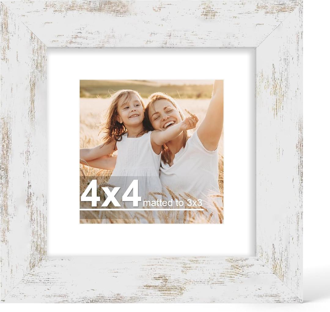 Hongkee 4x4 Picture Frame with Glass, Display Pictures 3x3 with Mat or 4 x 4 without Mat - Wall and Tabletop, 4 by 4 Photo Wooden Frames (Distressed White, 1 Pack)